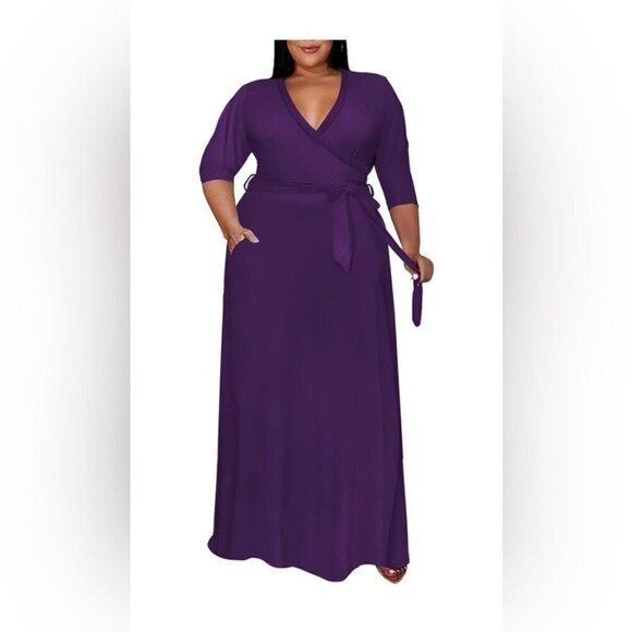 Women Plus Size maxi Dress 3/4 Sleeve V Neck Printing Purple tie belt 4XL - Picture 2 of 7